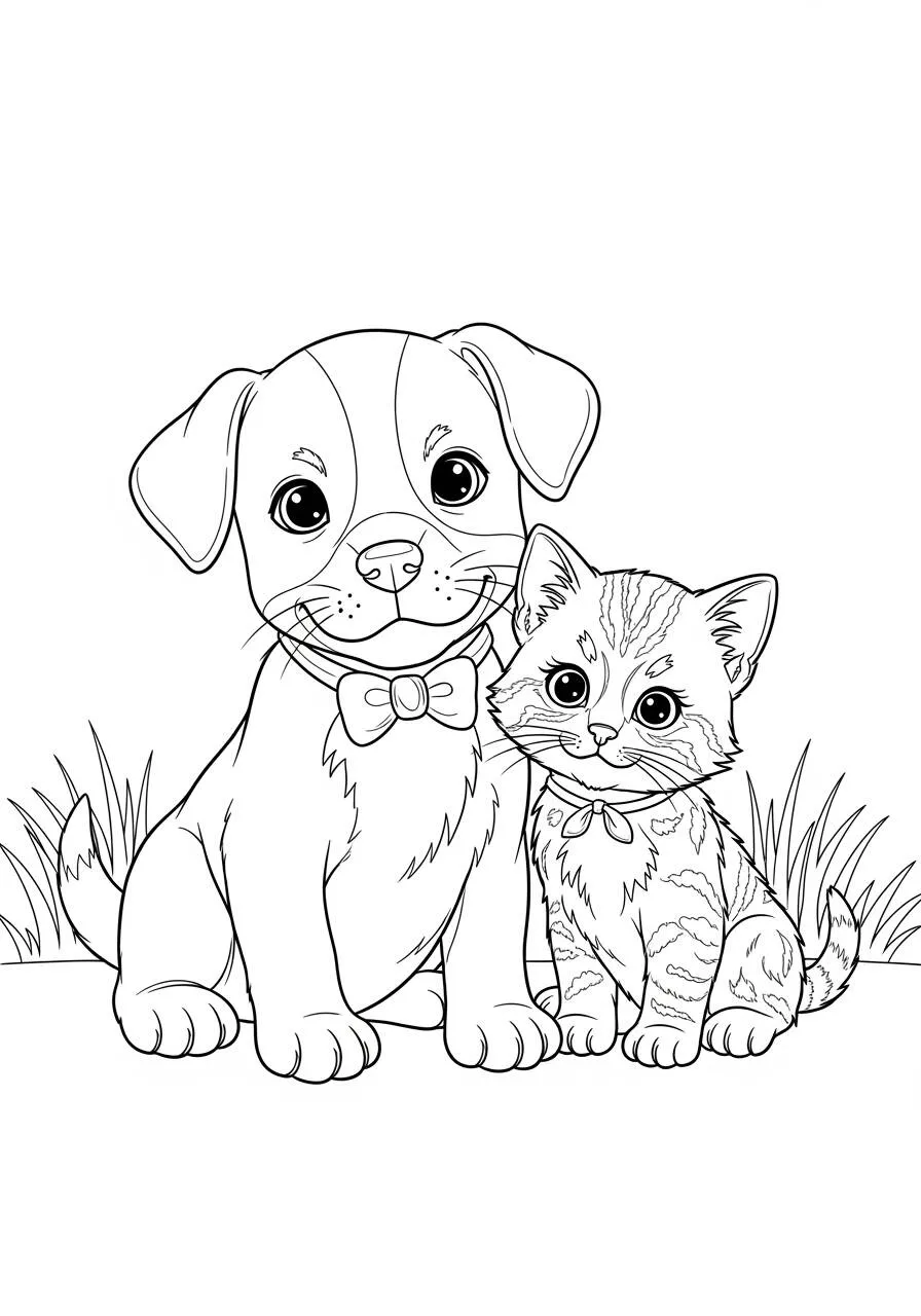 Desenho de Cachorrinho e Gatinho Fofo para Colorir