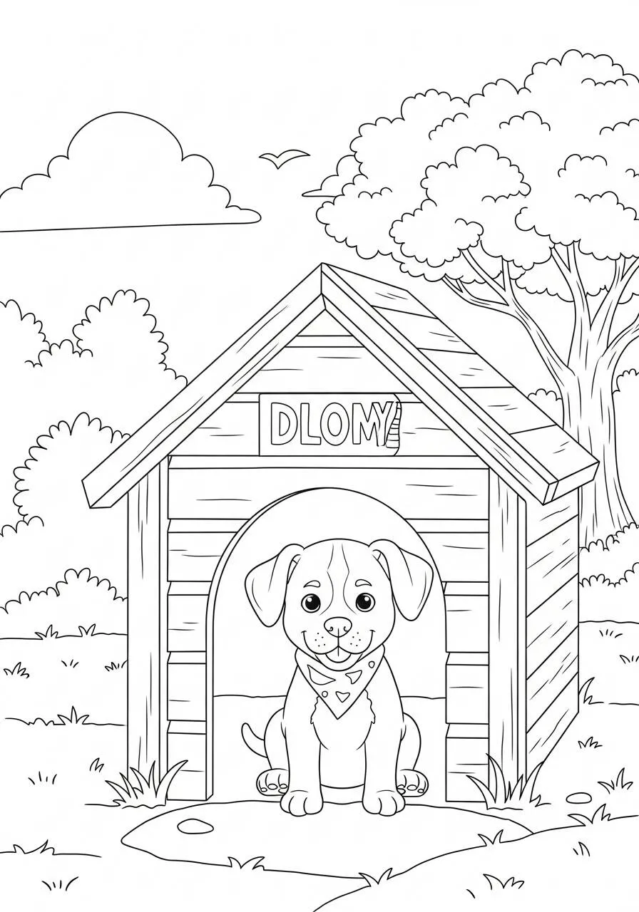 Desenho de Cachorrinho na Casinha para Colorir