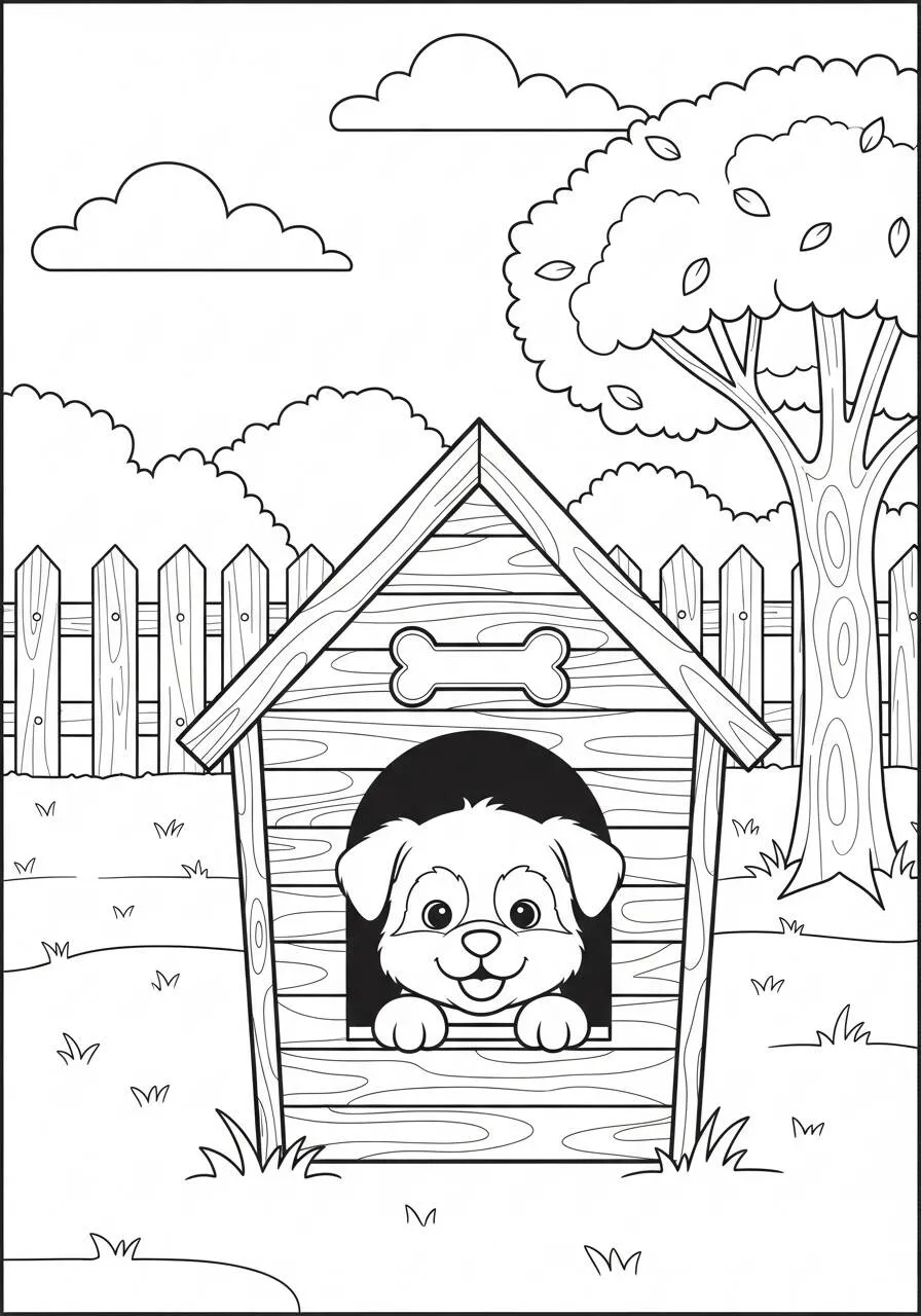 Desenho de Cachorrinho Brincando na Casinha para Colorir