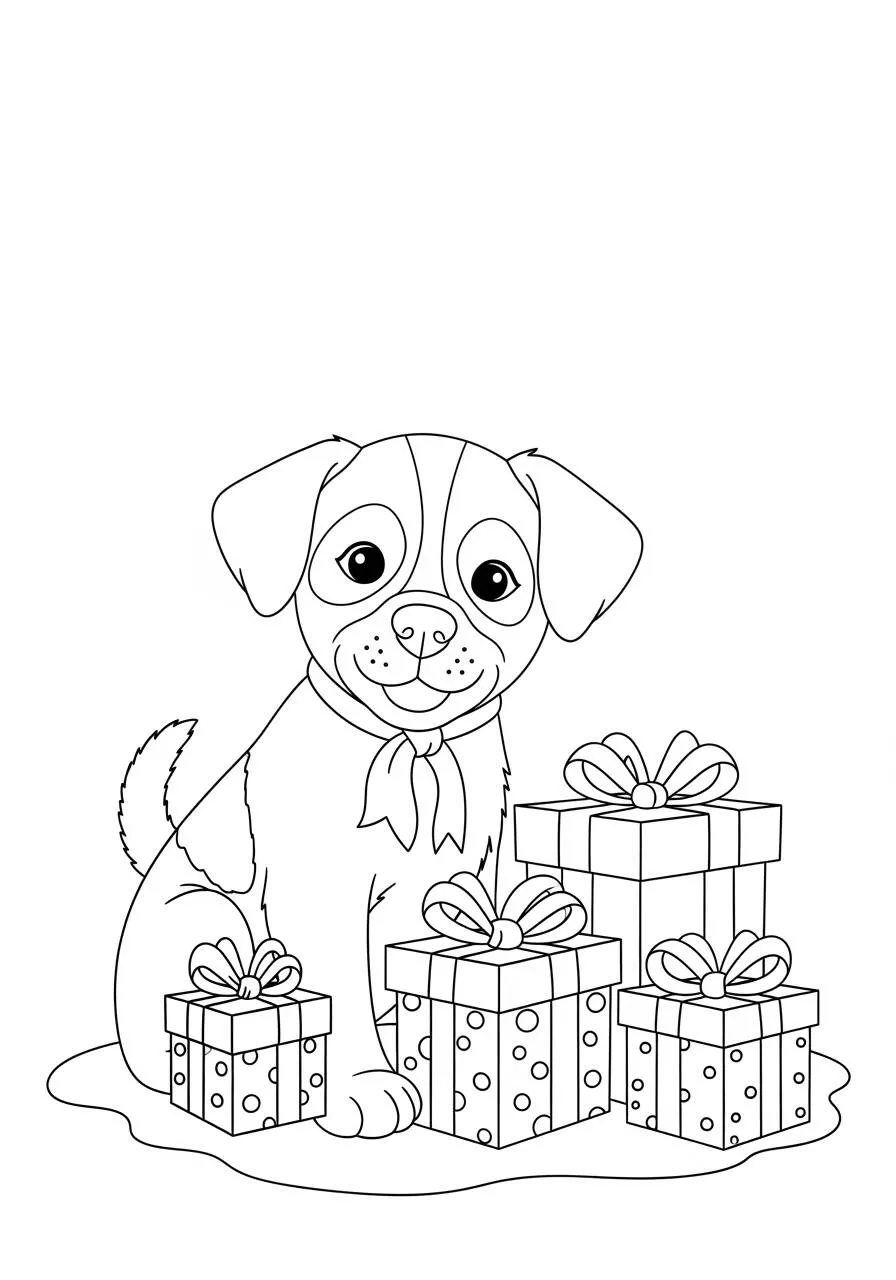 Desenho de Cachorrinho com Presentes para Colorir