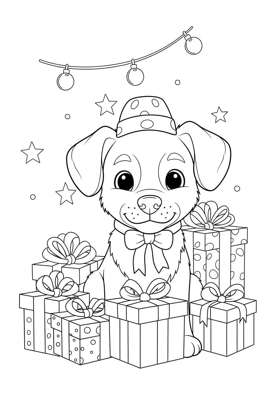 Desenho de Cachorrinho com Presentes para Colorir