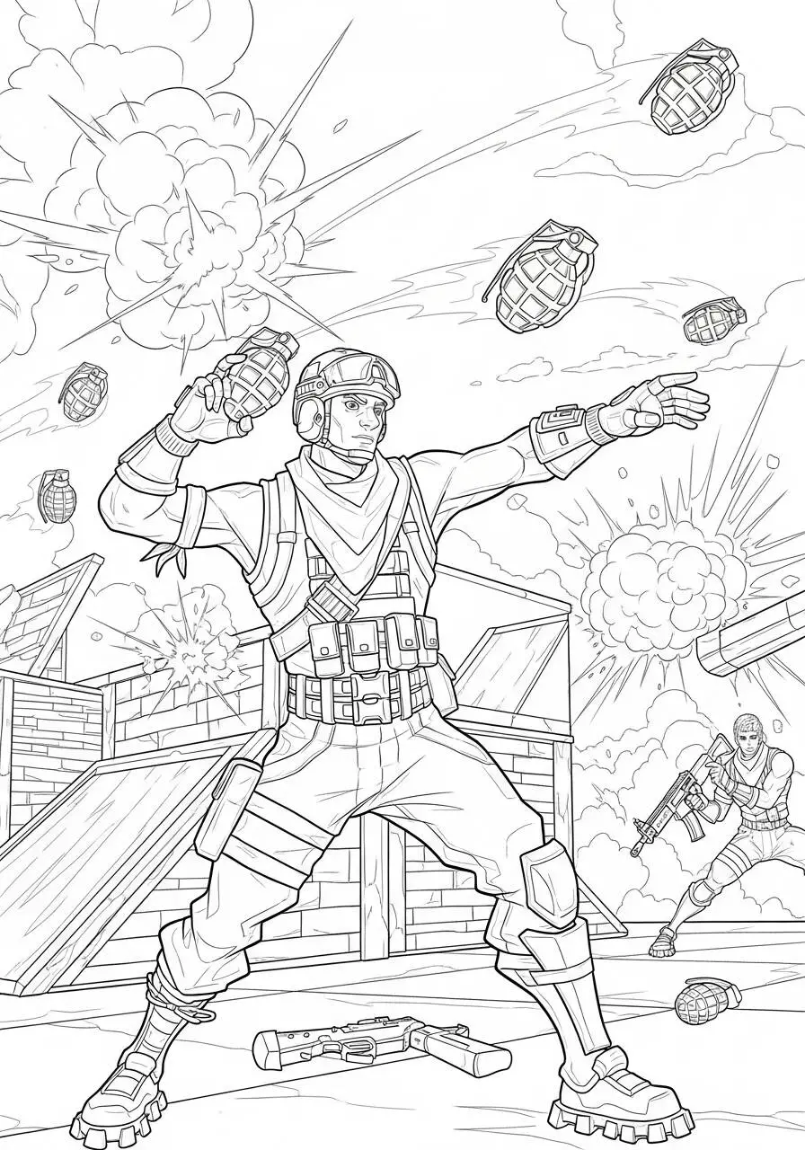 Desenho de Fortnite Soldado em Ação com Granadas para Colorir