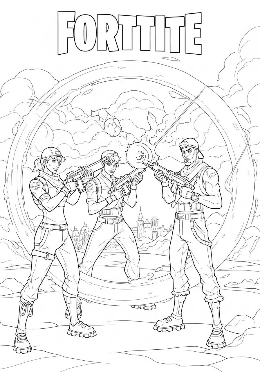 Desenho de Fortnite Três Personagens com Armas para Colorir