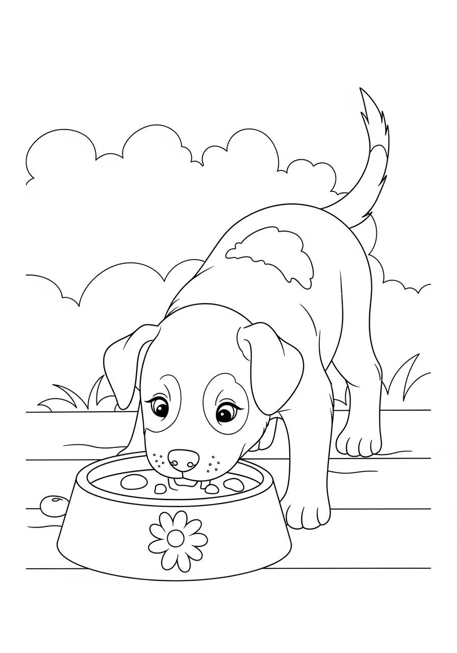 Desenho de Cachorrinho Bebendo Água da Tigela para Colorir