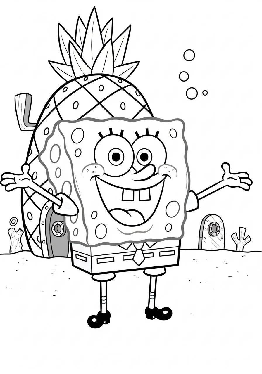 Desenho de Bob Esponja na Frente da Casa de Ananás para Colorir