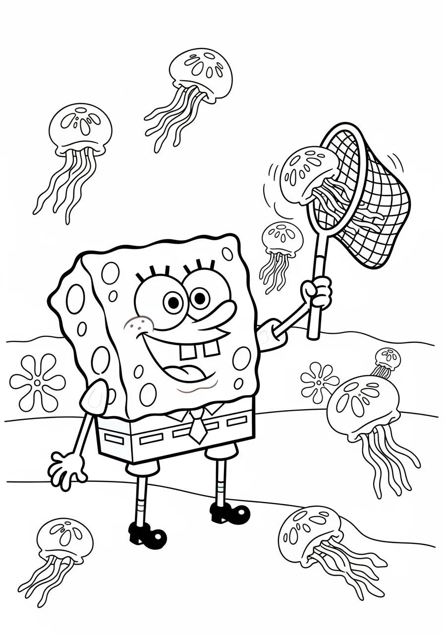 Desenho de Bob Esponja a Caçar Alforrecas para Colorir
