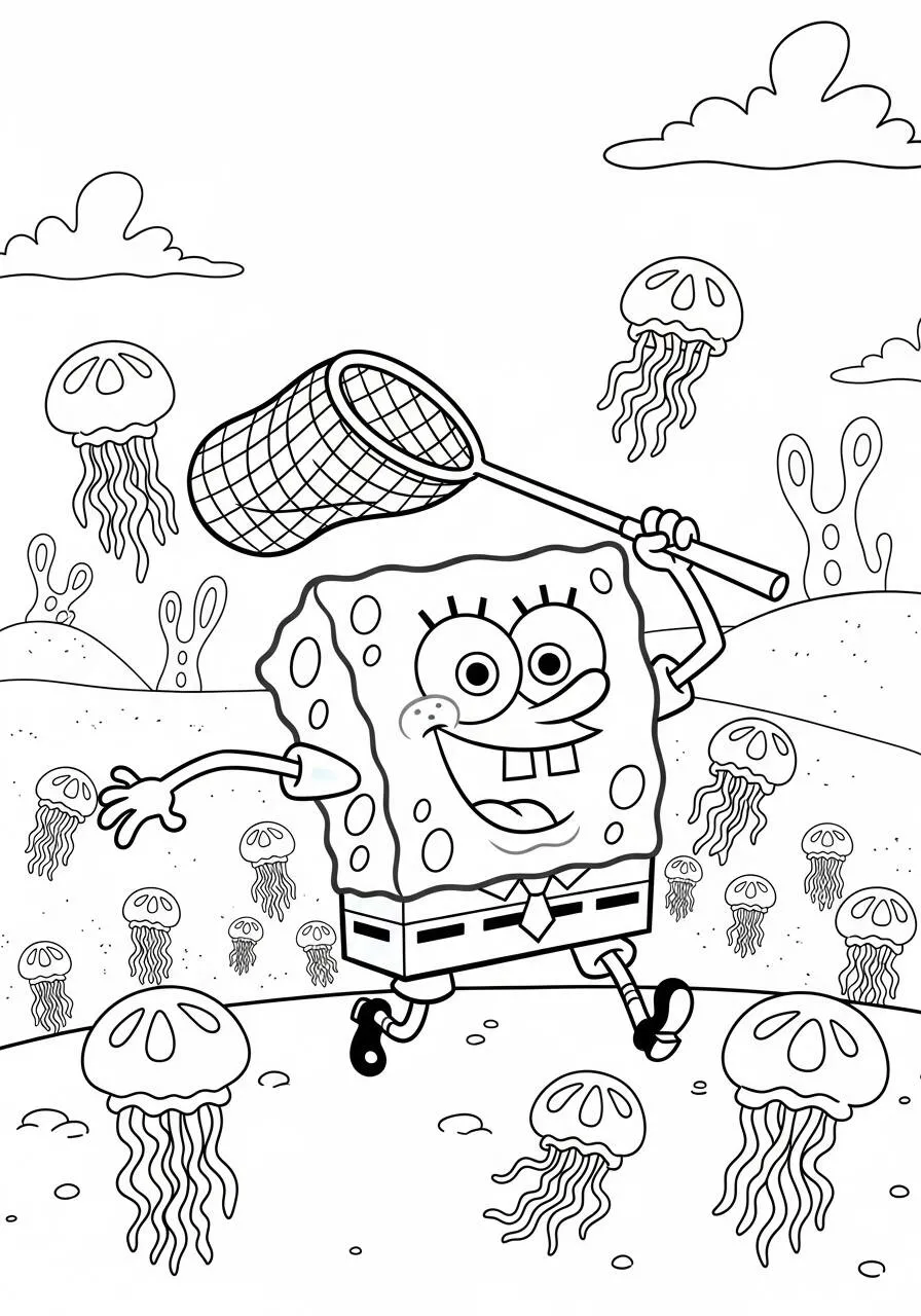 Desenho de Bob Esponja a Caçar Alforrecas para Colorir