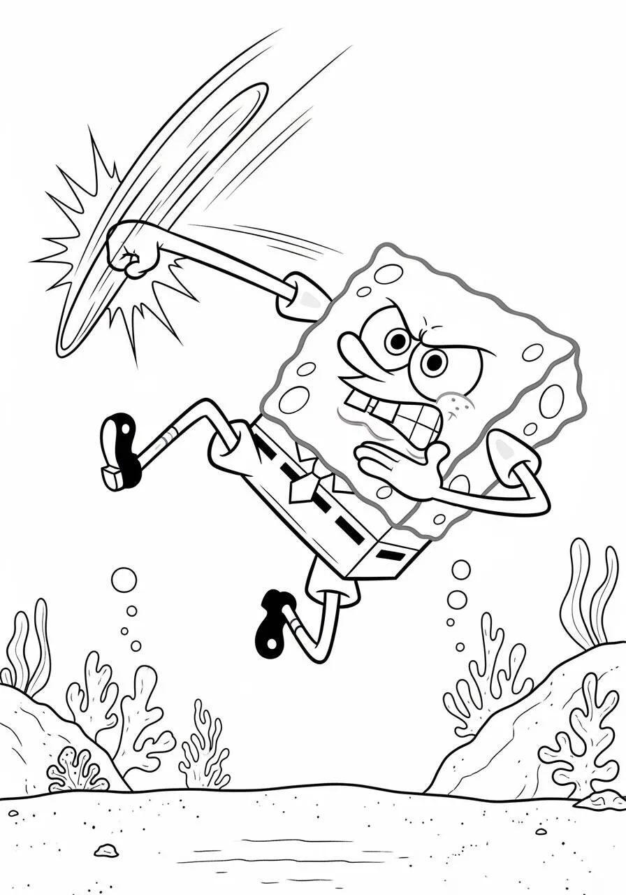 Desenho de Bob Esponja a Lutar com um Frisbee para Colorir