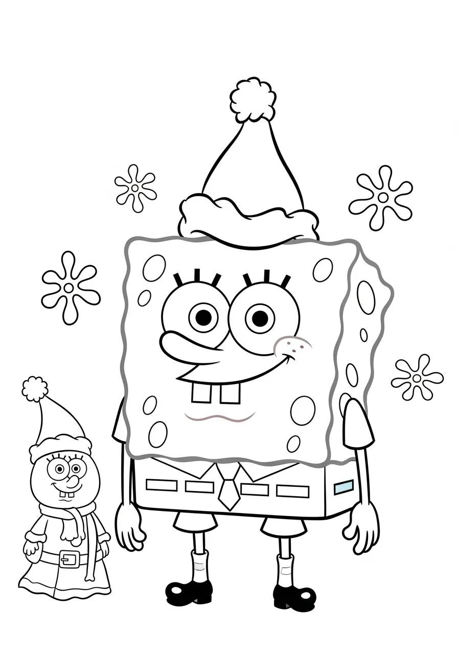 Desenho de Bob Esponja e o Papai Noel para Colorir