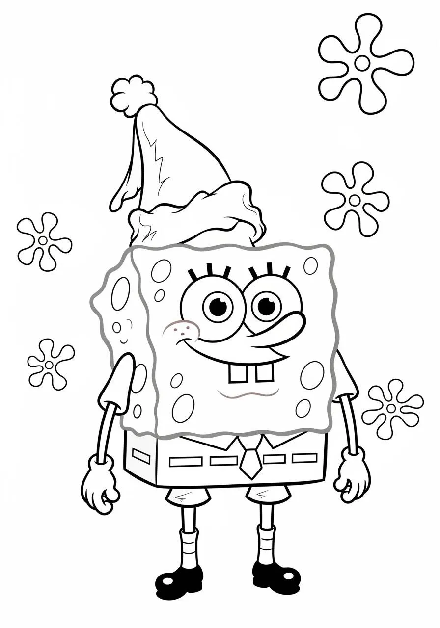 Desenho de Bob Esponja com Chapéu de Natal para Colorir