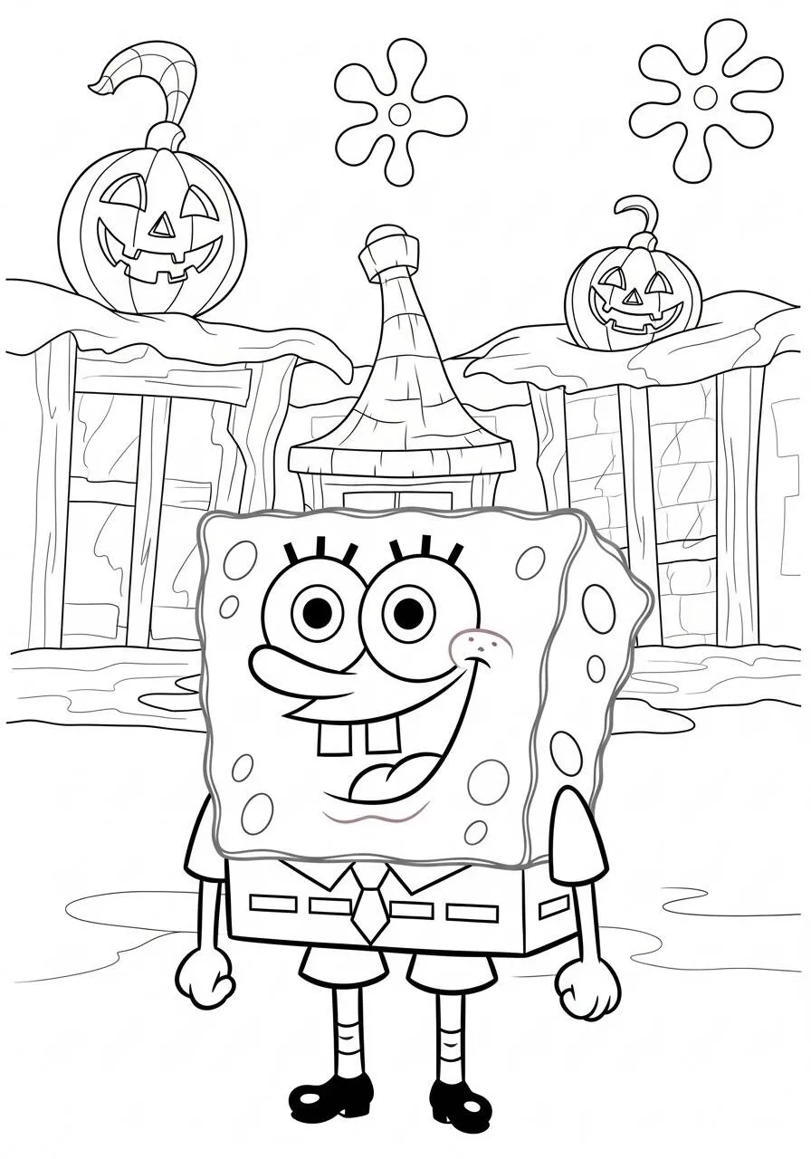 Desenho de Bob Esponja em um Cenário de Halloween para Colorir
