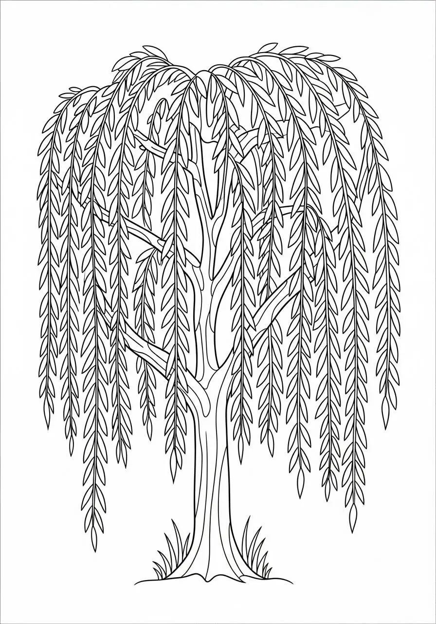 Desenho de Árvore Chorona com Folhas Pendentes para Colorir