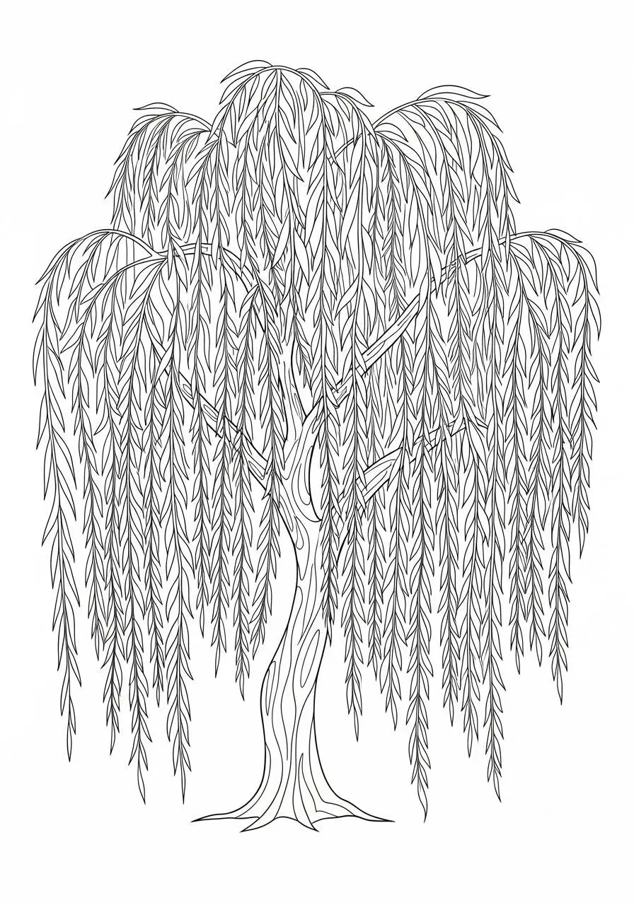 Desenho de Árvore Chorona com Ramos Longos para Colorir