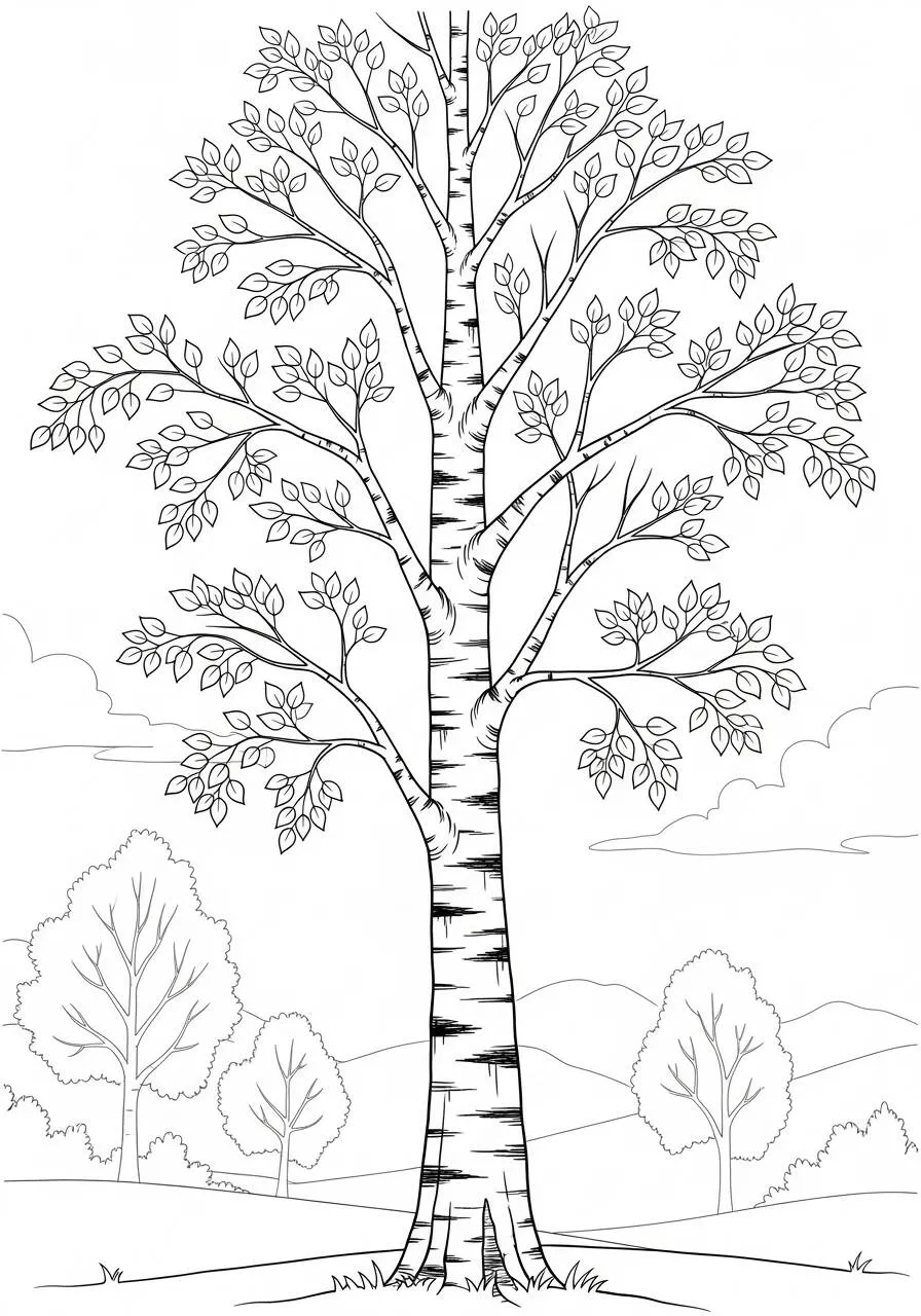 Desenho de Árvore Alta com Folhas Verdes para Colorir