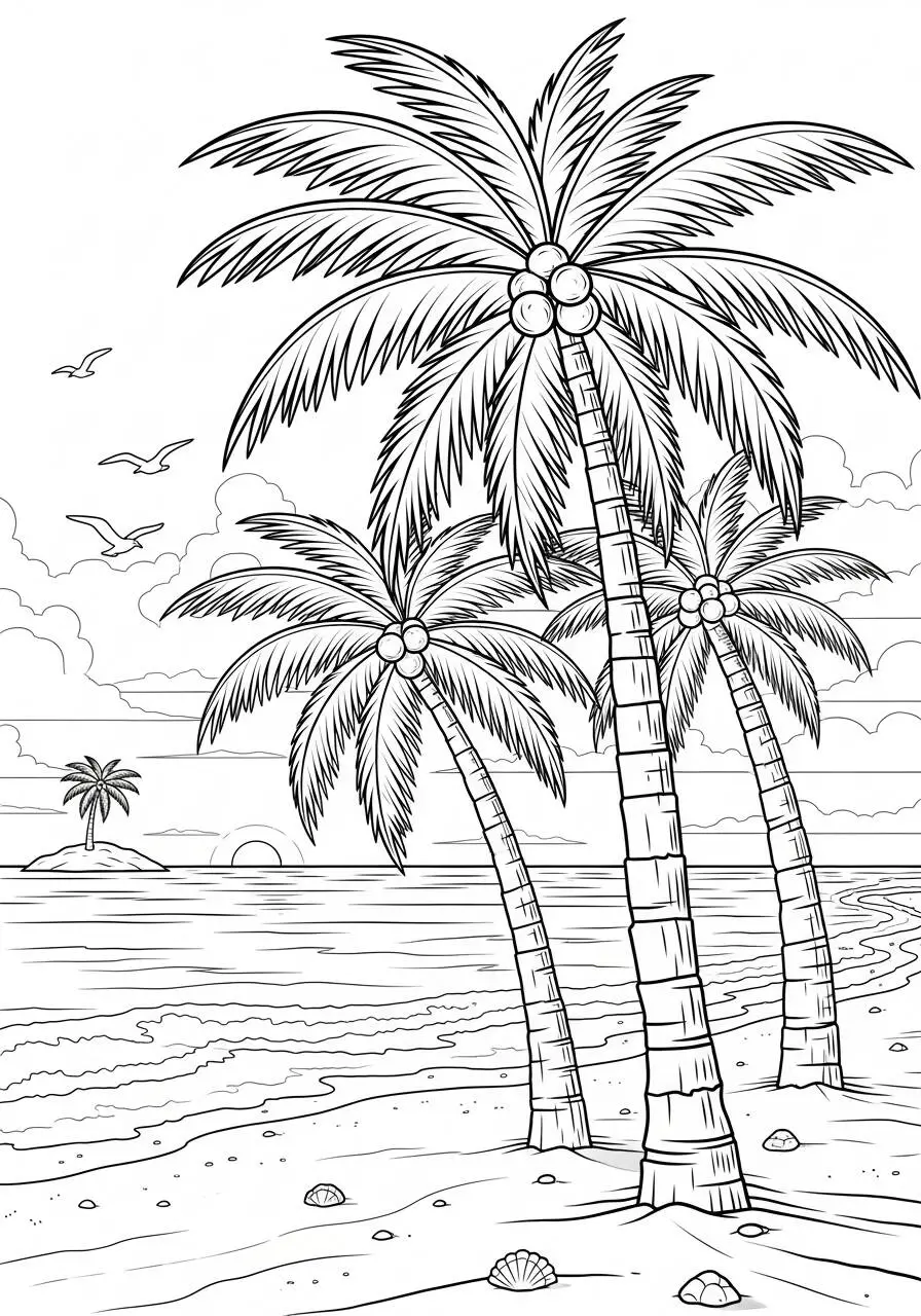 Desenho de Palmeira na Praia com Pôr do Sol para Colorir