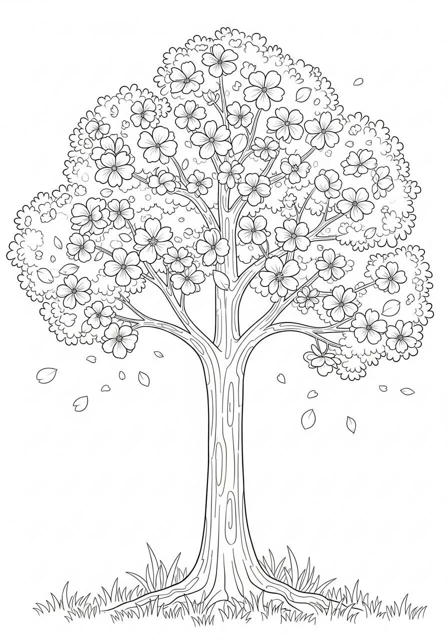 Desenho de Árvore Florida com Folhas e Flores para Colorir