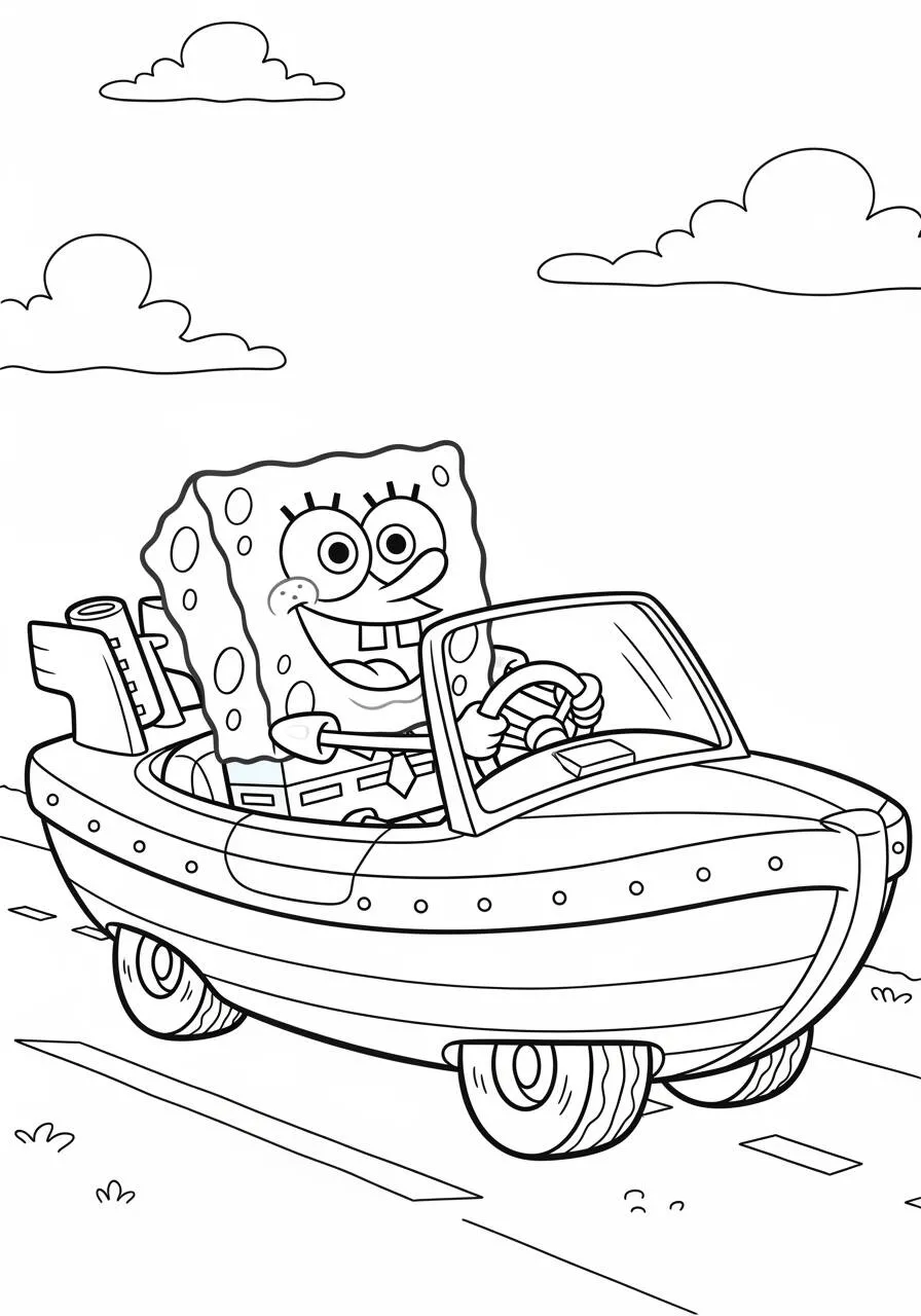 Desenho de Bob Esponja Dirigindo seu Carro para Colorir