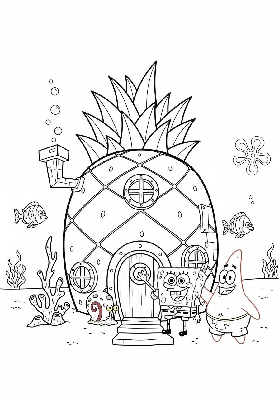 Desenho de Bob Esponja e Patrick na Casa de Ananás para Colorir