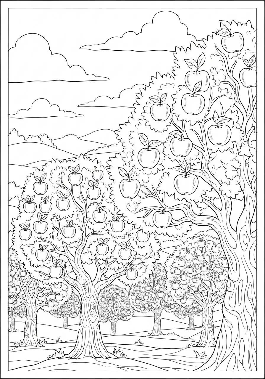 Desenho de Árvore de Maçã com Frutos para Colorir