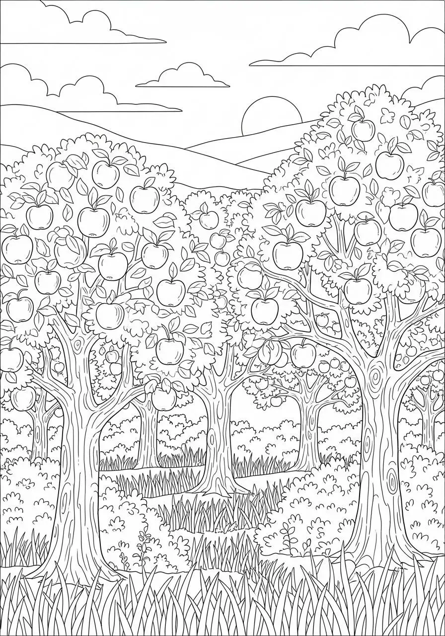 Desenho de Pomar com Maçãs para Colorir