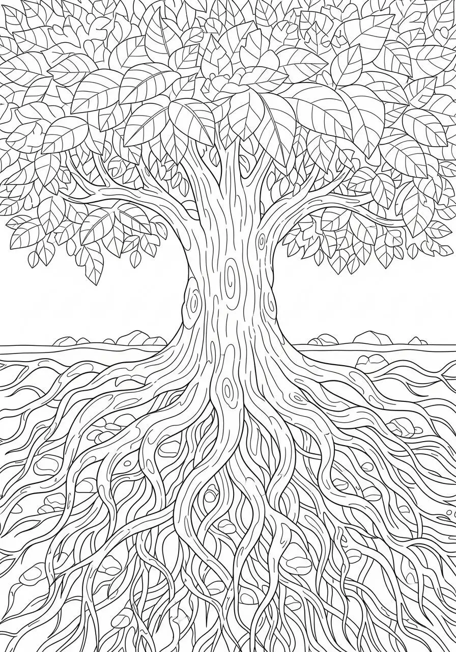Desenho de Árvore com Raízes Exuberantes e Folhas Verdejantes para Colorir