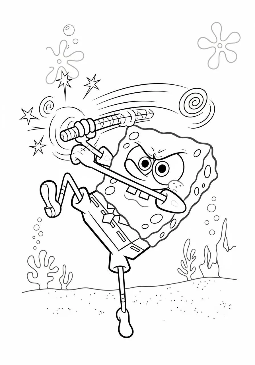 Desenho de Bob Esponja com Bastão para Colorir