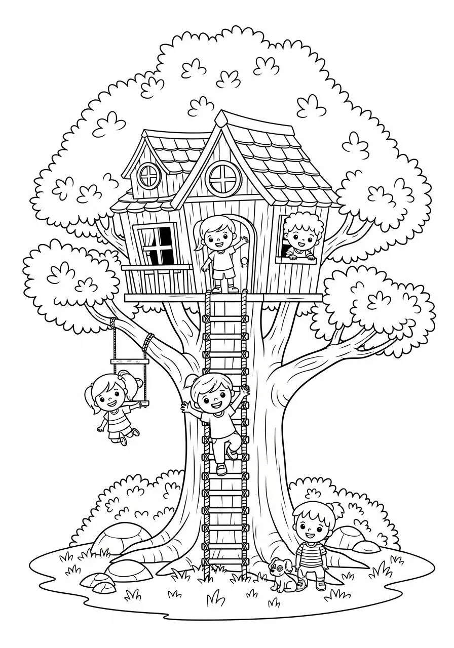 Desenho de Árvore com Casa na Árvore e Crianças para Colorir