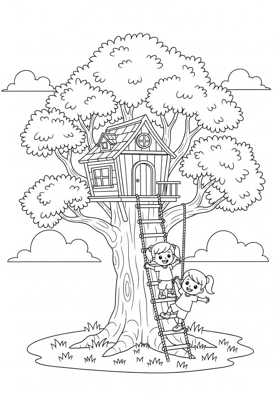 Desenho de Árvore com Casa na Árvore e Crianças para Colorir