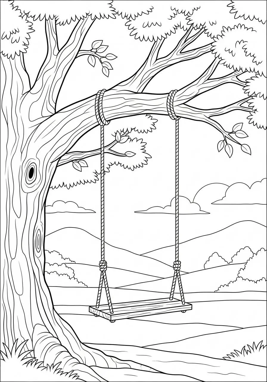 Desenho de Árvore com Baloiço Pendurado para Colorir