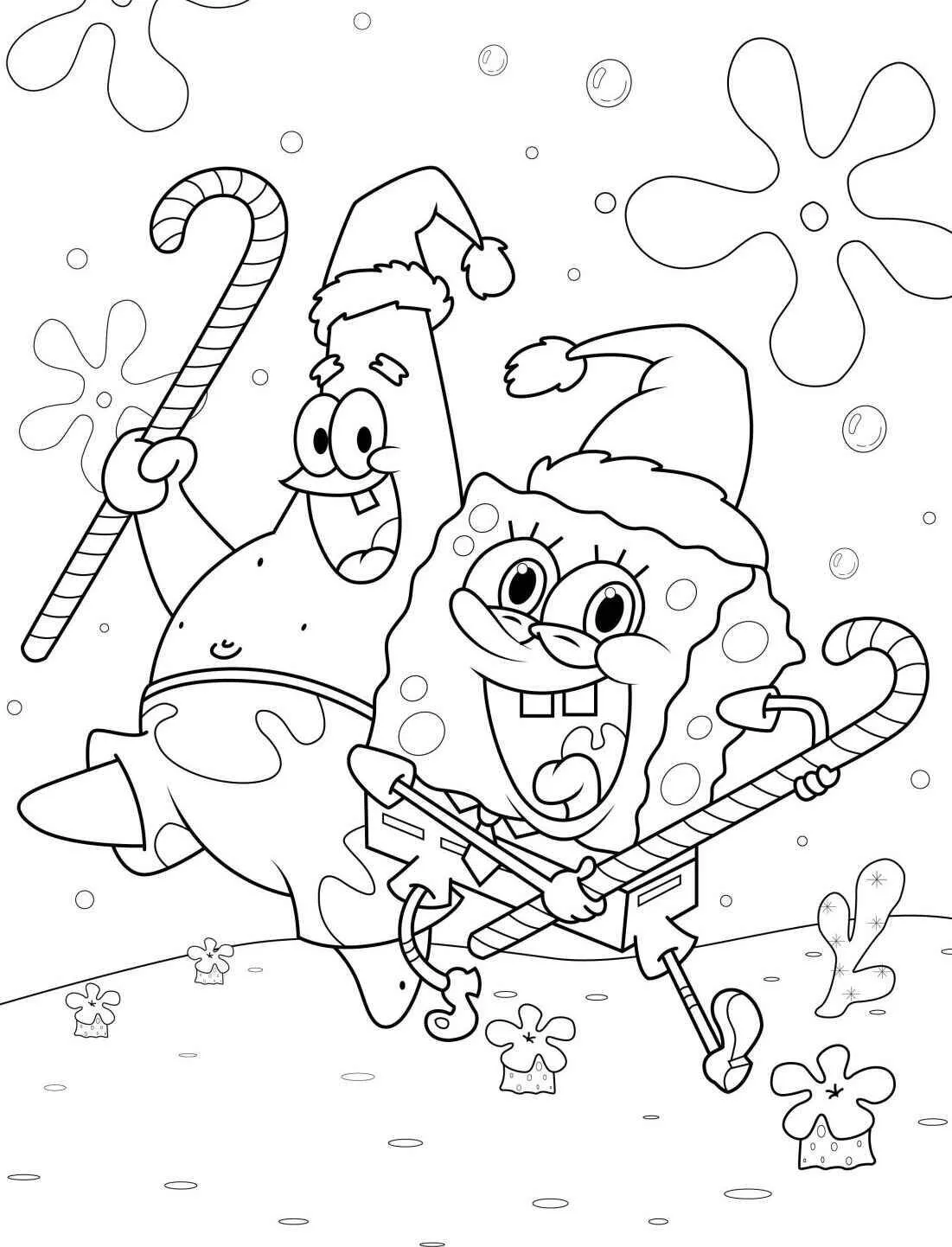 Desenho de Bob Esponja e Patrick com Chapéus de Natal para Colorir