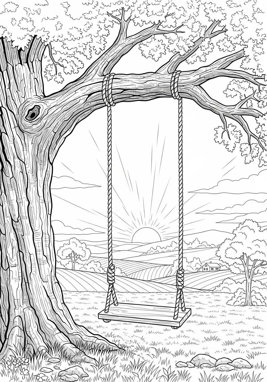 Desenho de Árvore Grande com Baloiço Pendurado para Colorir