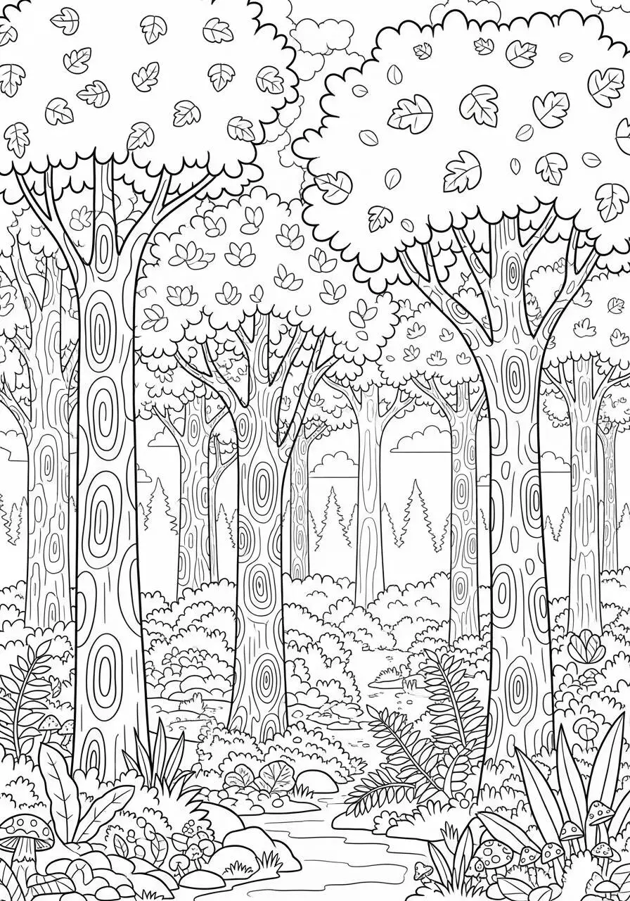 Desenho de Floresta com Árvores Altas e Folhagem Verde para Colorir