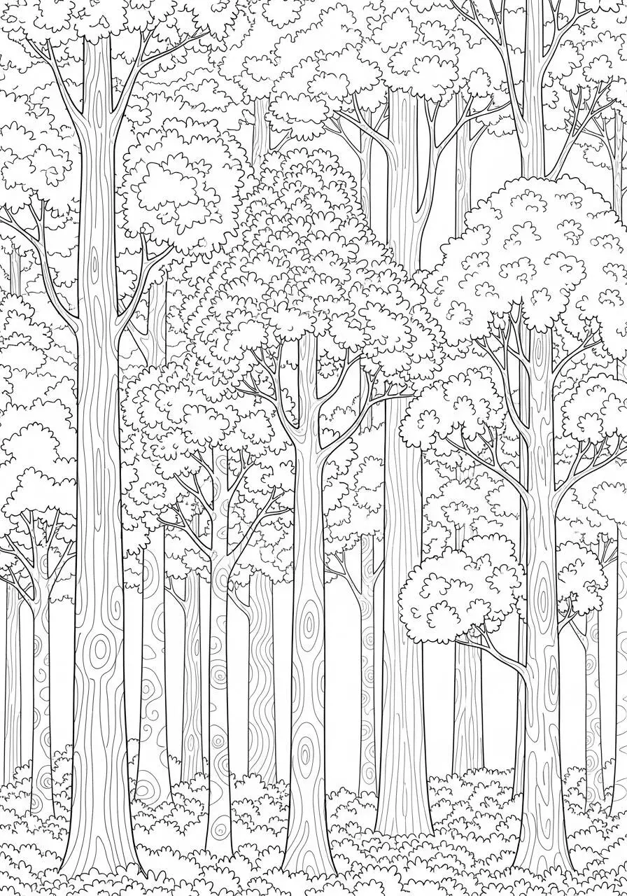 Desenho de Floresta com Árvores Altas para Colorir