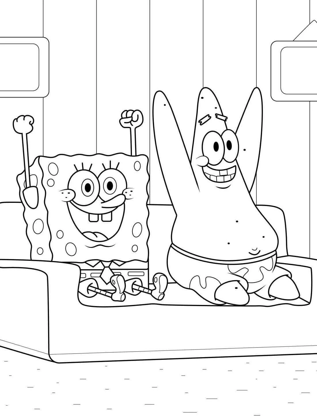 Desenho de Bob Esponja e Patrick se Divertindo no Sofá para Colorir