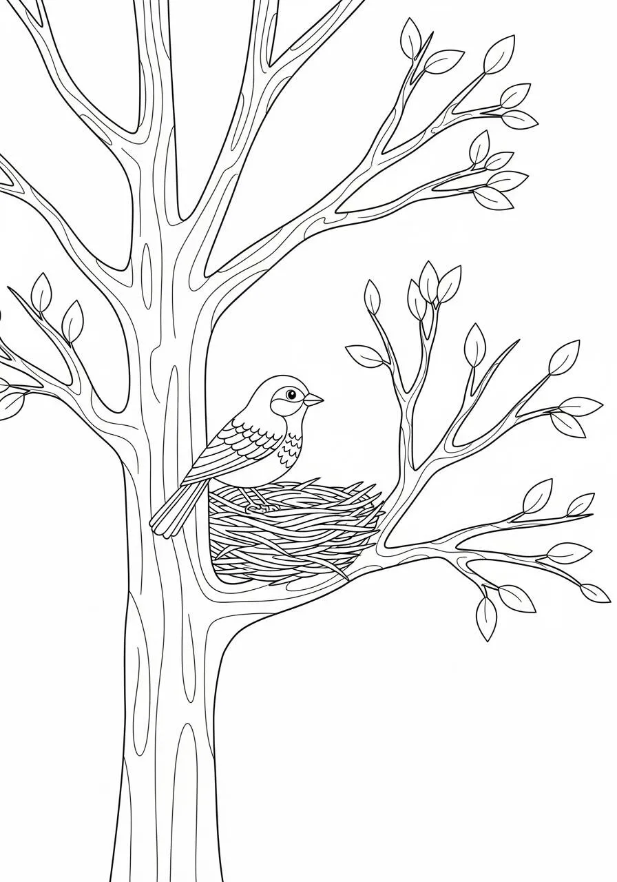 Desenho de Árvore com Pássaros no Ninho para Colorir