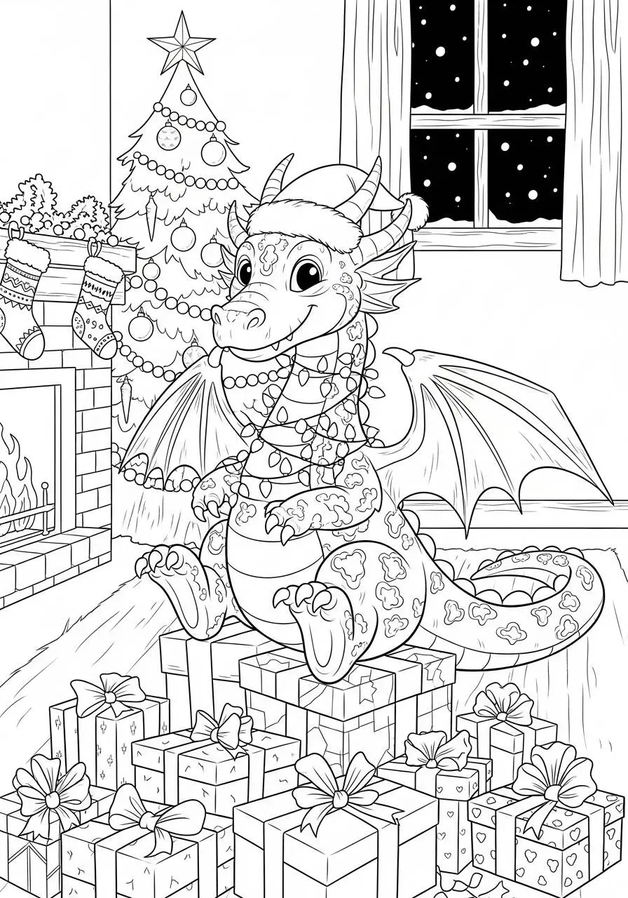 Desenho de Dragão Natalino com Presentes e Árvore para Colorir
