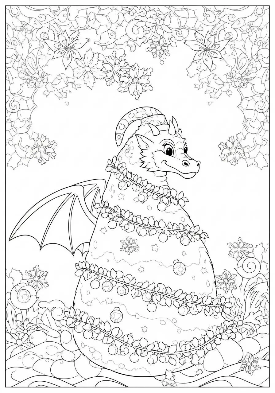 Desenho de Dragão Decorado com Luzes de Natal para Colorir