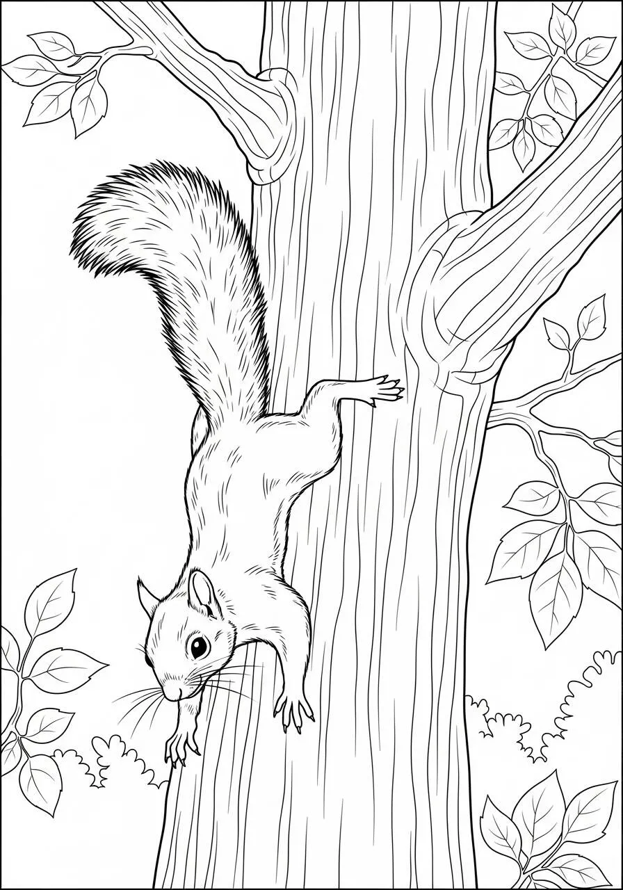 Desenho de Árvore com Esquilo Escalando para Colorir