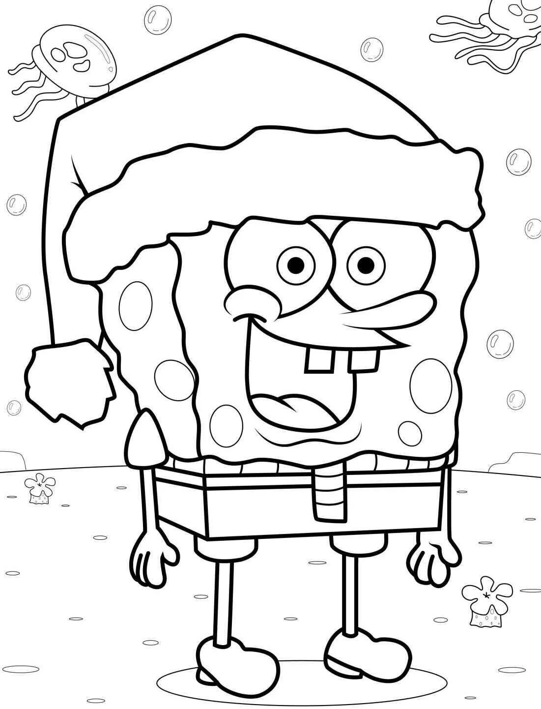 Desenho de Bob Esponja com Chapéu de Natal para Colorir