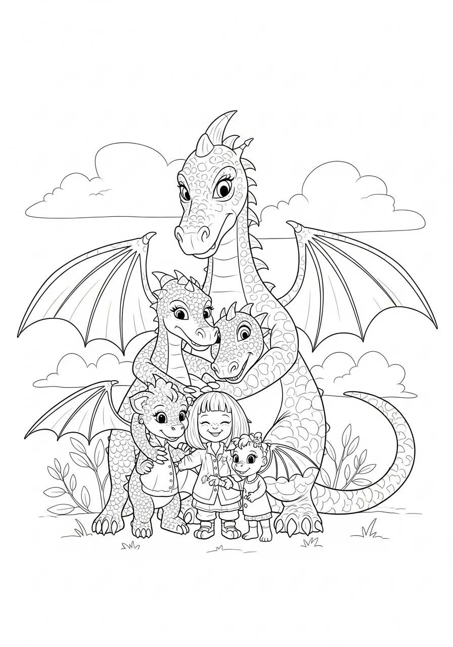 Desenho de Dragão Amigável com Crianças para Colorir