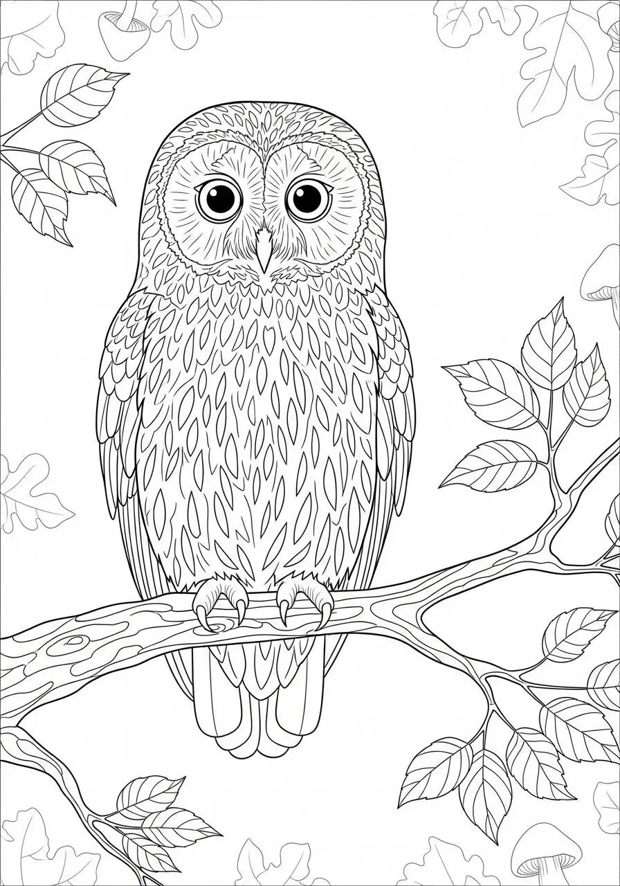 Desenho de Árvore com Coruja em um Galho para Colorir