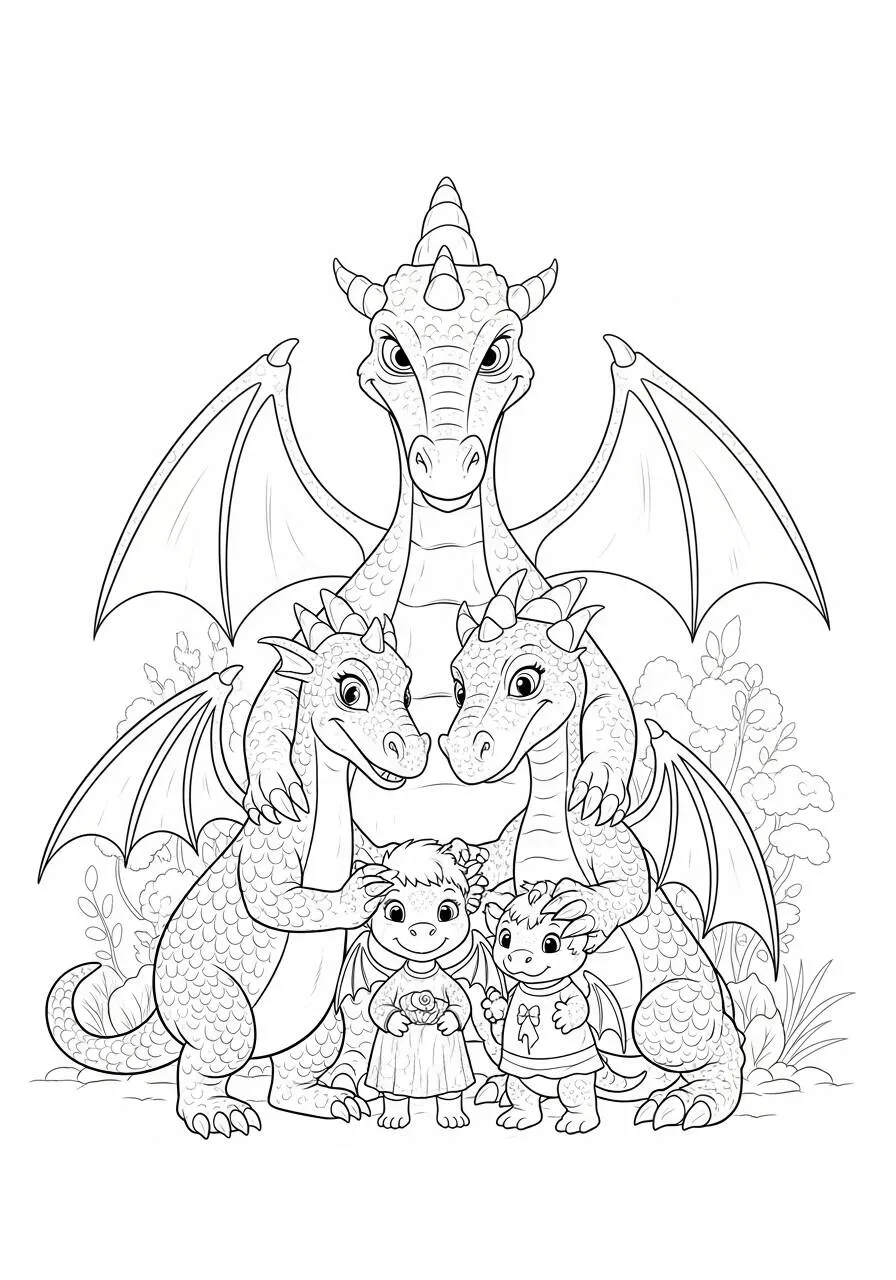 Desenho de Dragões Amigos com Crianças para Colorir