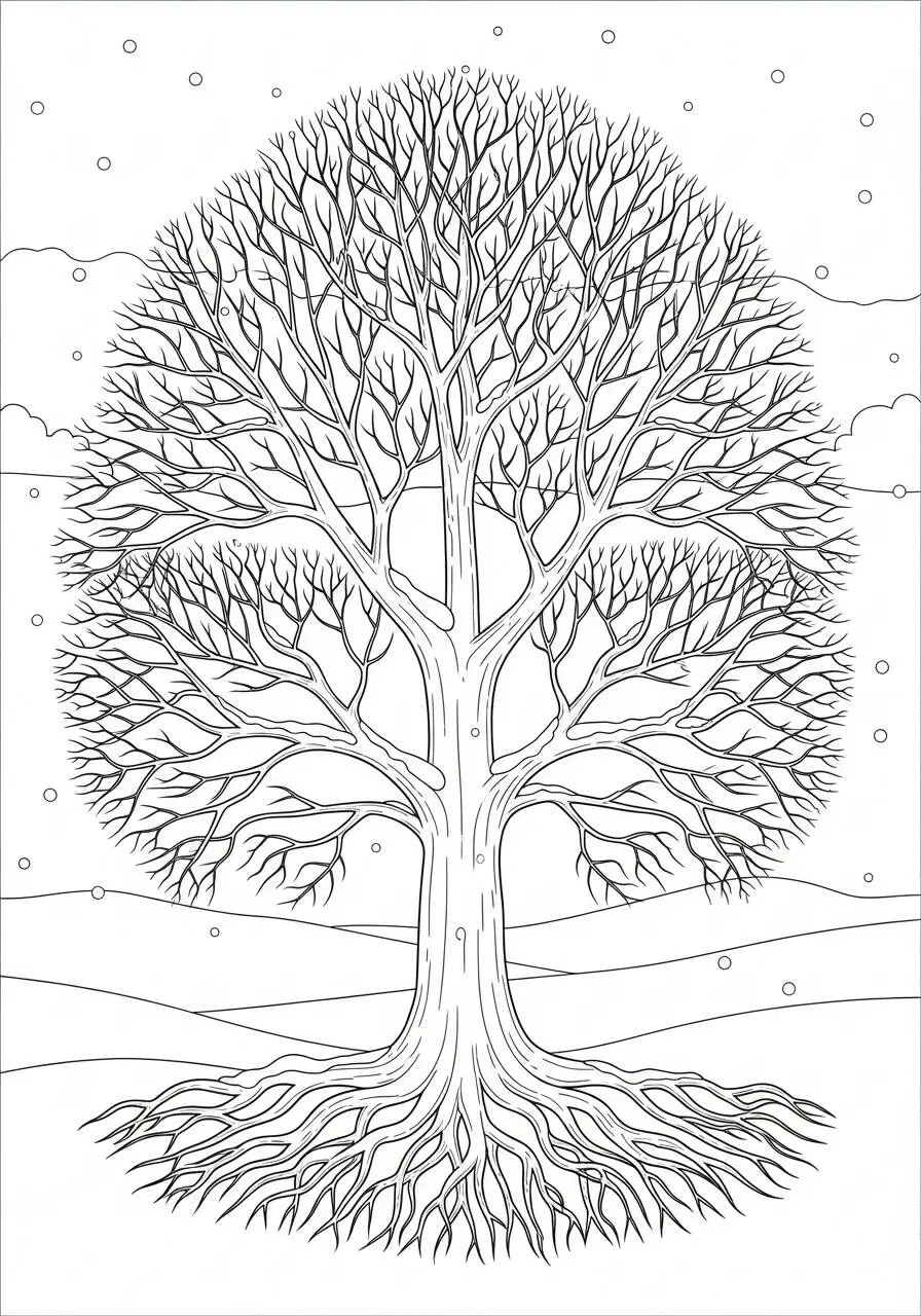 Dibujo para colorear de árbol sin hojas con raíces expuestas
