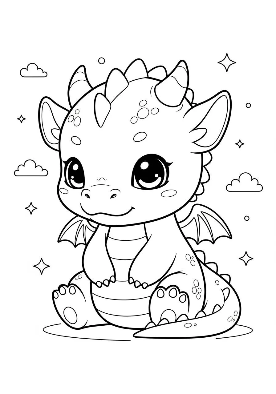 Desenho de Dragão Kawaii Fofo Sentado com Asas para Colorir