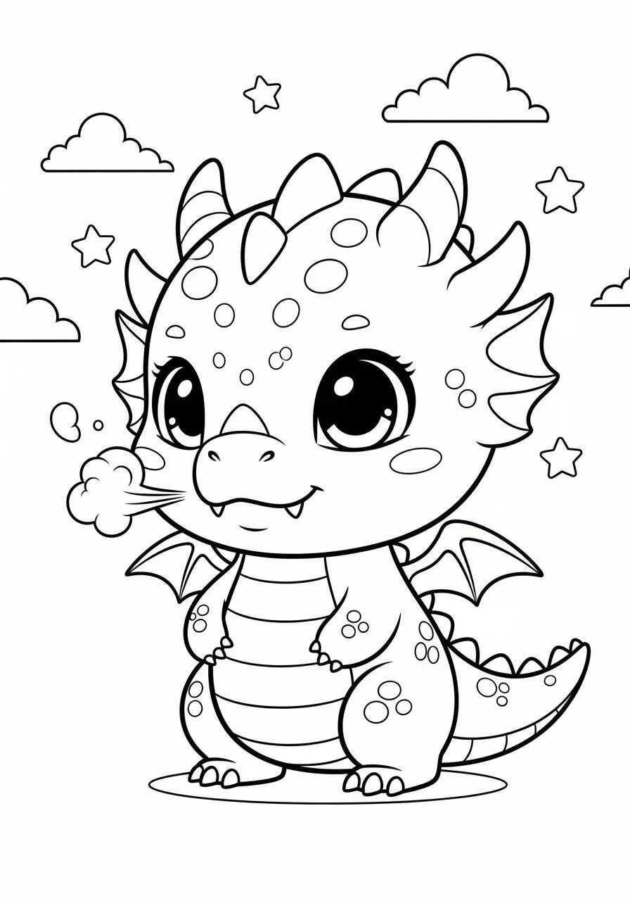 Desenho de Dragão Kawaii Fofo com Nuvens e Estrelas para Colorir