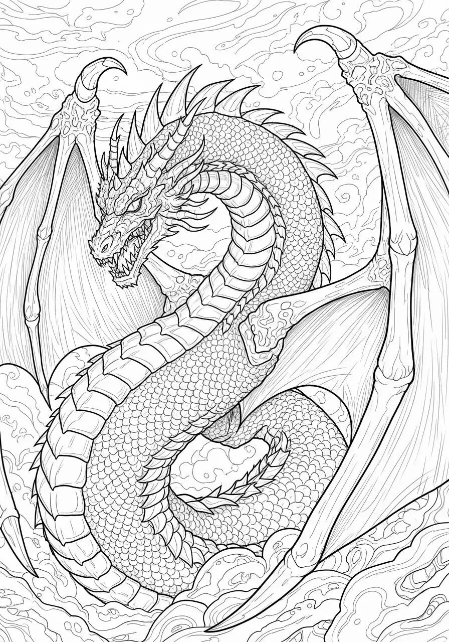 Desenho de Dragão Majestoso Enrolado nas Nuvens para Colorir