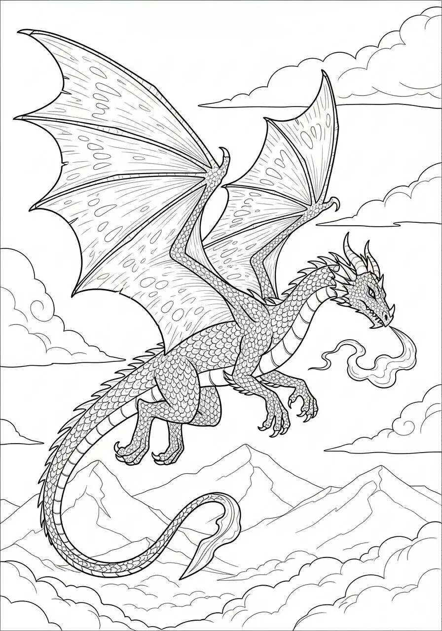 Desenho de Dragão Poderoso a Cuspir Fogo nas Nuvens para Colorir