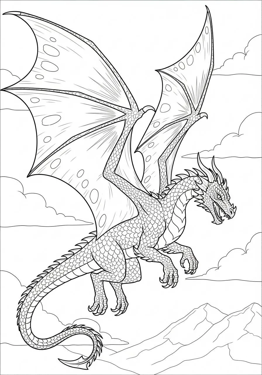 Desenho de Dragão Majestoso a Voar com Asas Imensas para Colorir
