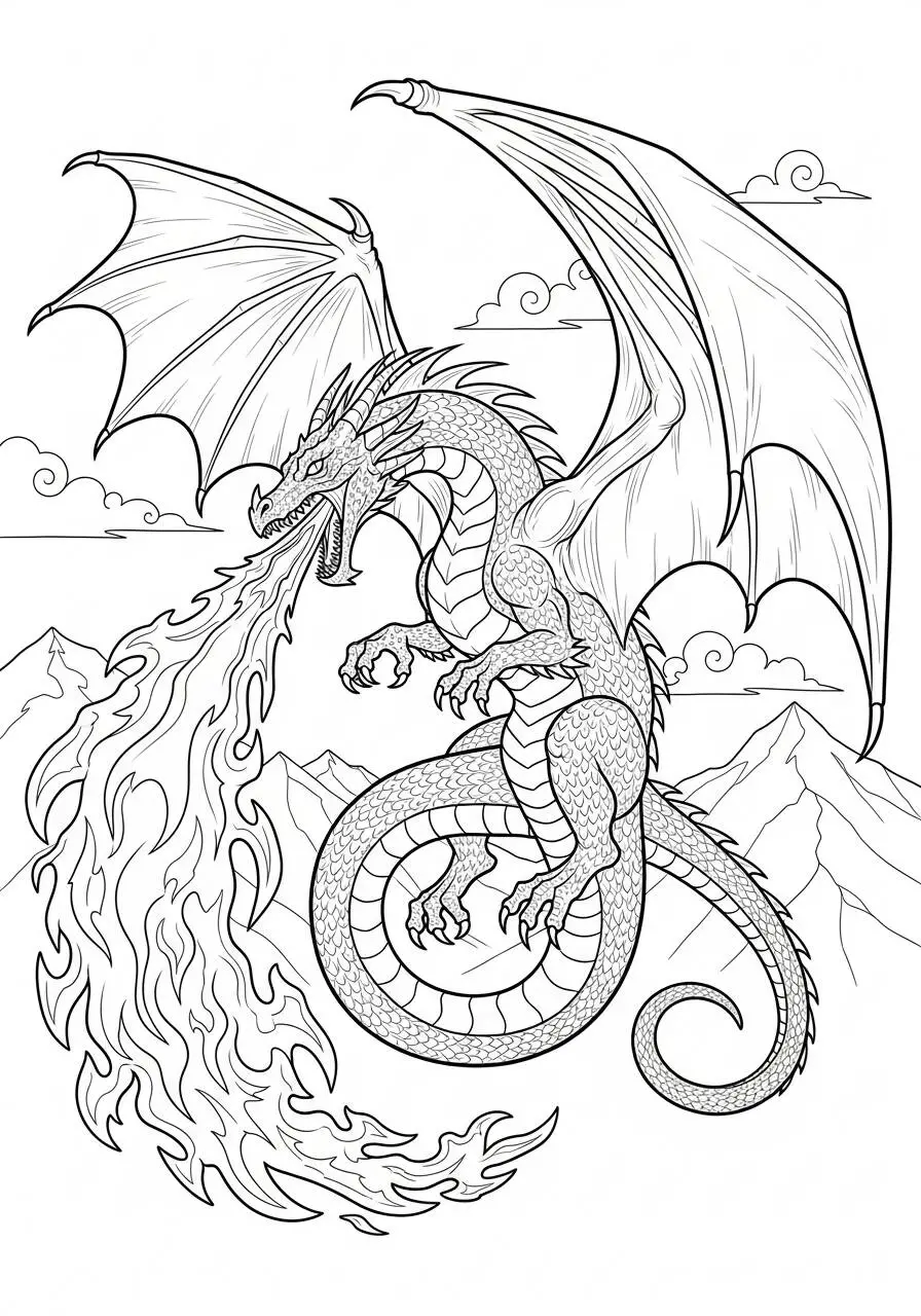 Desenho de Dragão a Cuspir Fogo nas Montanhas para Colorir