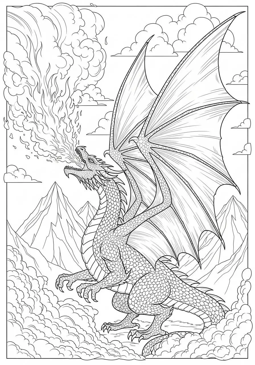 Desenho de Dragão Poderoso Cuspindo Fogo nas Montanhas para Colorir